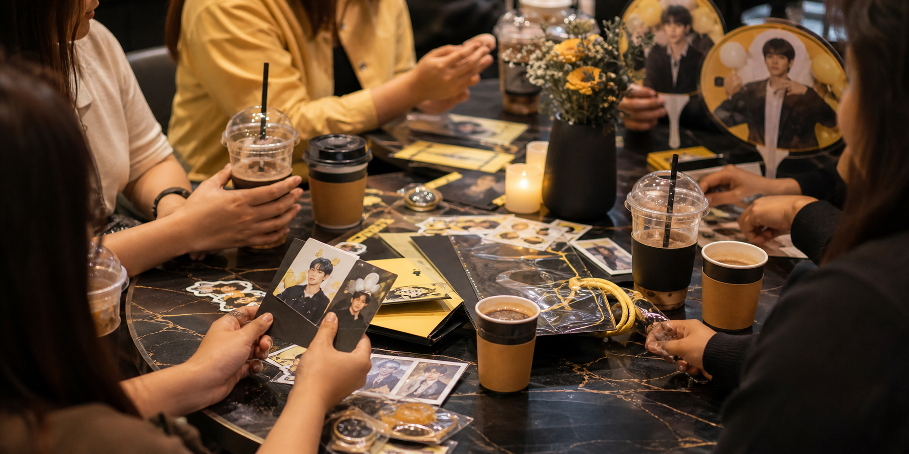 Fans sharing themed drinks and keepsakes at a café event
